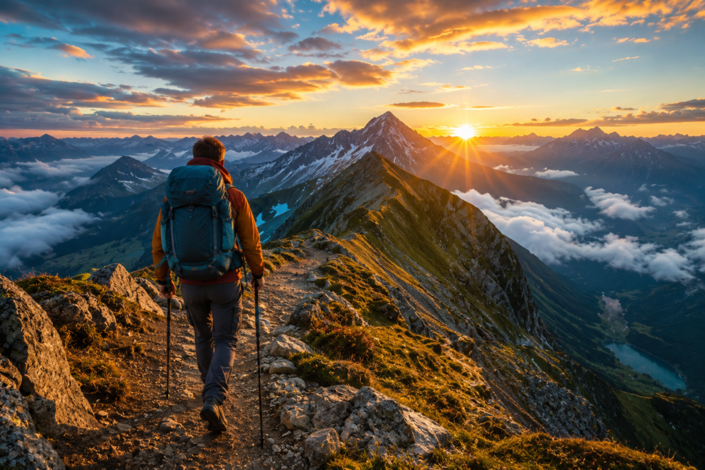 Traveler enjoying breathtaking mountain views surrounded by alpine landscapes and hiking trails.
