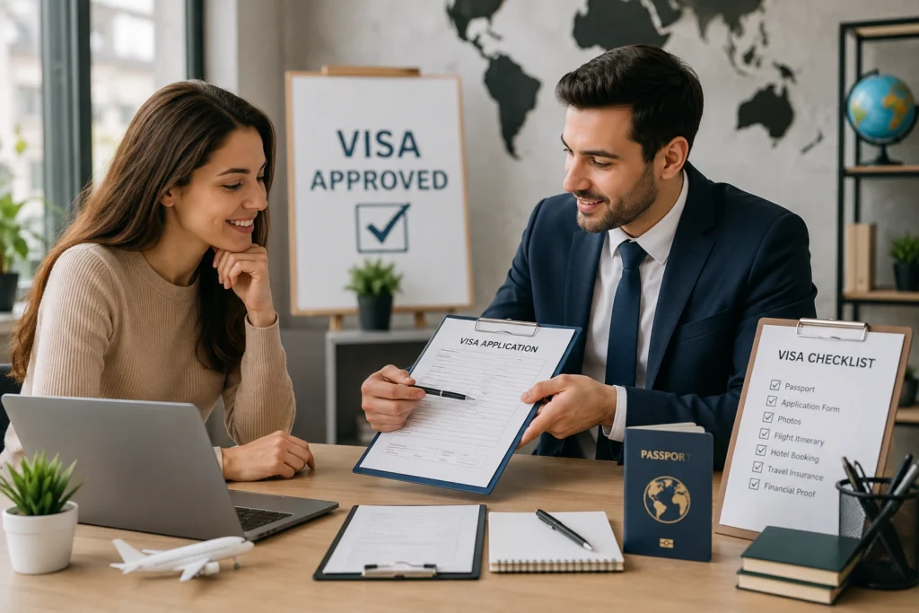 Traveler and visa consultant reviewing documents for a visa application.
