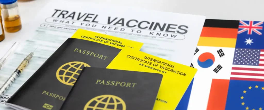 Travel passports, travel vaccines checklist, and country flags arranged on a desk for international trip preparation.
