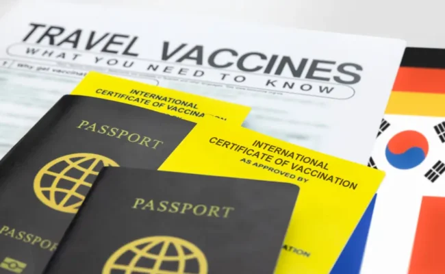 Travel passports, travel vaccines checklist, and country flags arranged on a desk for international trip preparation.