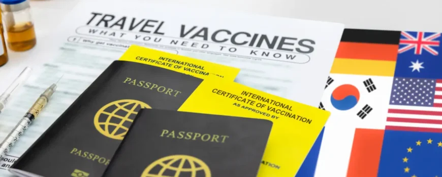 Travel passports, travel vaccines checklist, and country flags arranged on a desk for international trip preparation.
